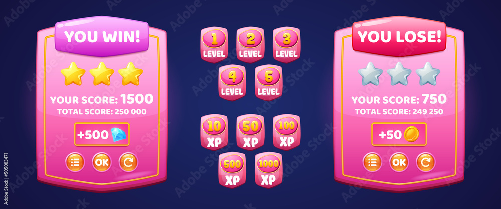 Poster game pink glossy boards of win or lose and labels of level number and experience points. vector cart