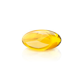 Golden oil capsule of vitamin A, E, Omega 3 or collagen. Vector realistic mockup of medical pill...