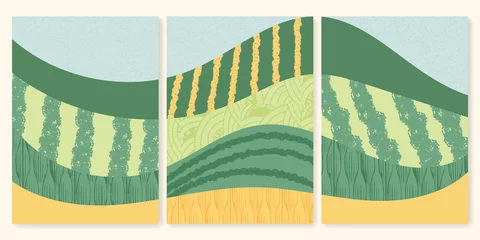 Schilderijen op glas Abstract wineyard farm field pattern vector illustration. Vineyard green landscape with texture. Set of vine valley poster. Viticulture vintage background. Eco card clipart, organic farmland view © Maria Petrish
