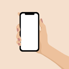 Woman hand holding a smartphone with a blank screen—flat vector illustration.