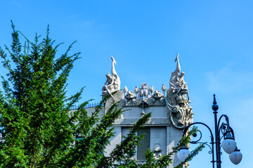 House with chimeras in Kiev, Ukraine. Art Nouveau building with sculptures of the mythical animals...