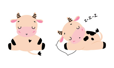Cute Little Cow Calf with Hoof Sitting and Snoring Sleeping on Pillow Vector Set