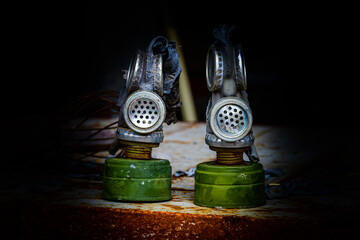 Old soviet gas masks in abandoned building at the Chernobyl exclusion zone, Ukraine