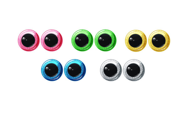 Multicolored glitter plastic toy eyes set. Fun safe toys. Vector cartoon illustration on a white isolated background. Vector illustration