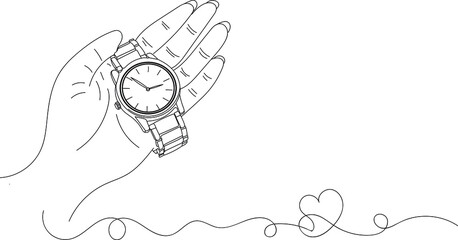 Wrist Watch Logo, Outline sketch drawing of hand holding expensive wrist watch, line art illustration of hand holding luxry watch