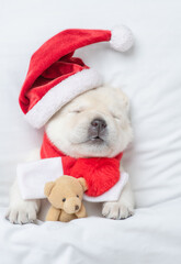 Funny Golden retriever puppy wearing red santa's hat sleeps under warm blanket on a bed at home and hugs favorite toy bear. Top down view