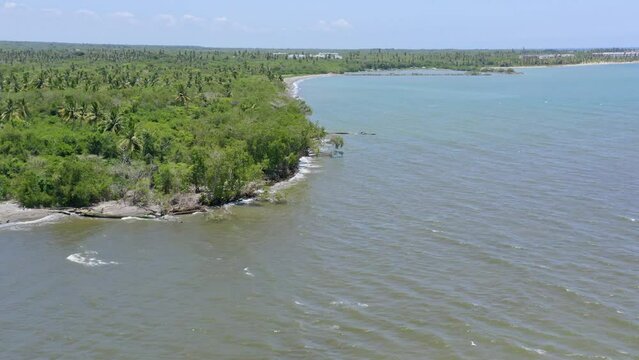 Soco river mouth, San Pedro de Macoris in Dominican Republic. Aerial drone panoramic view