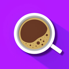 a white cup of coffee on violet background. long shadow from cup. invigorating drink. Square image. 3D image. 3D rendering.