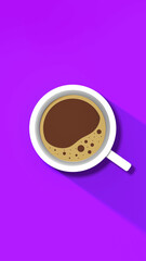 Obraz na płótnie Canvas a white cup of coffee on violet background. long shadow from cup. invigorating drink. Vertical image. 3D image. 3D rendering.