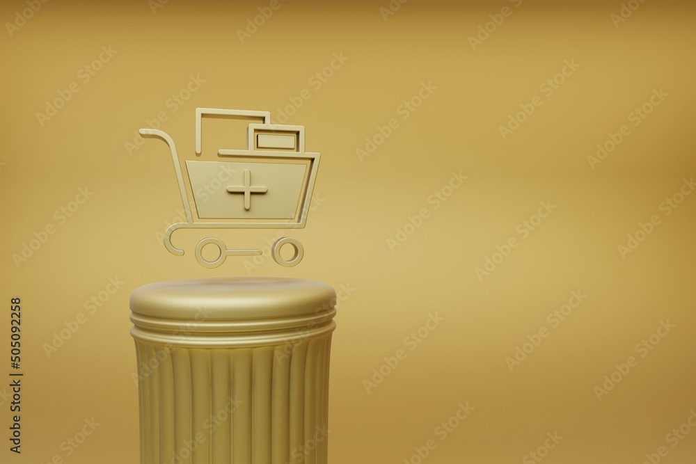 Poster Beautiful abstract illustrations Golden Shopping Cart Plus symbol icons on a golden column and wonderful background. 3d rendering illustration. Background pattern for design. Online Shopping