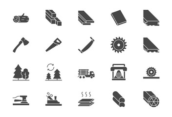 Lumber flat icons. Vector illustration include icon - log, plank, polishing grinder, saw, lumberjack, cutting, carpentry glyph silhouette pictogram for wood cutting. Black color signs - obrazy, fototapety, plakaty