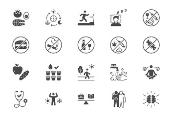 Healthy lifestyle flat icons. Vector illustration include icon - fitness, yoga, walking man, hygiene, meditation, hardening glyph silhouette pictogram for sport lifestyle. Black color signs
