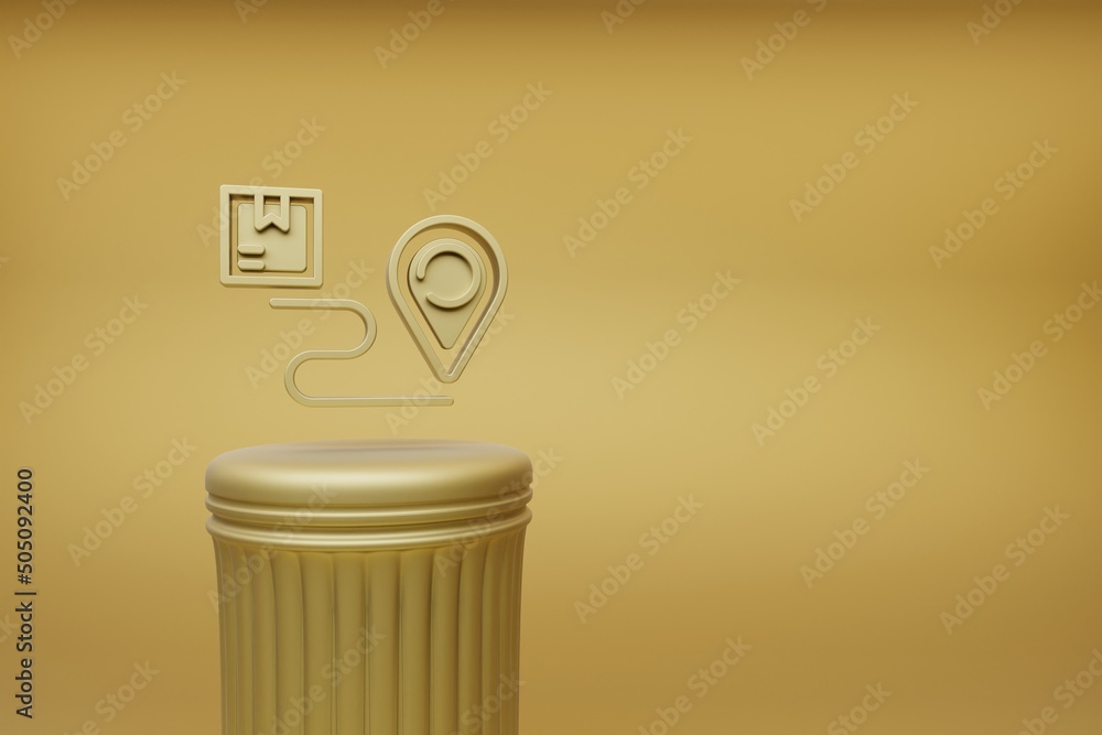 Poster Beautiful abstract illustrations Golden Delivery Location Tracking symbol icons on a golden column and wonderful background. 3d rendering illustration. Background pattern for design. Online Shopping