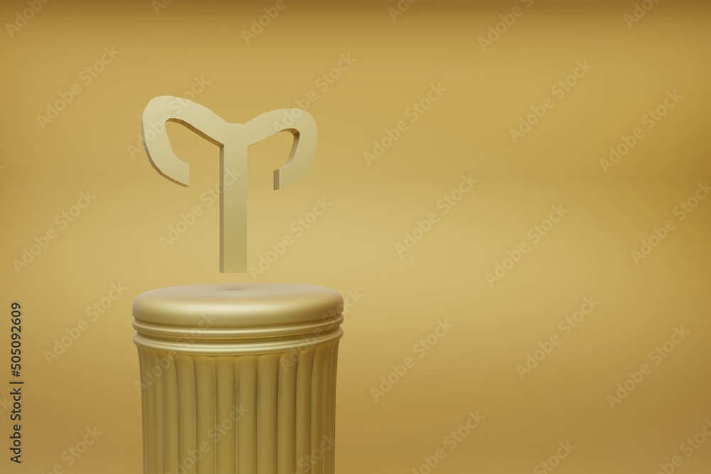 Poster Beautiful abstract illustrations Golden zodiac Aries symbol icons on a golden column and wonderful background. 3d rendering illustration. Background pattern for design.
