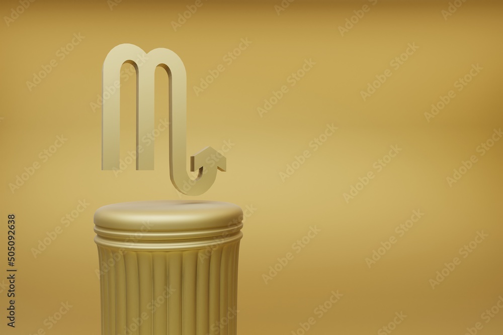 Poster Beautiful abstract illustrations Golden zodiac Scorpio symbol icons on a golden column and wonderful background. 3d rendering illustration. Background pattern for design.