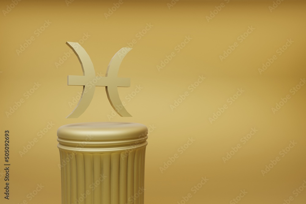 Poster Beautiful abstract illustrations Golden zodiac Pisces symbol icons on a golden column and wonderful background. 3d rendering illustration. Background pattern for design.