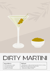 Dirty Martini Cocktail in glass with ice and olives on skewer. Summer aperitif recipe retro elegant poster. Print with classic alcoholic beverage and appetizer. Vector illustration. - obrazy, fototapety, plakaty