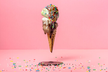 funny creative concept of flying wafer cone with ice cream covered, strewed sprinkles and poured...