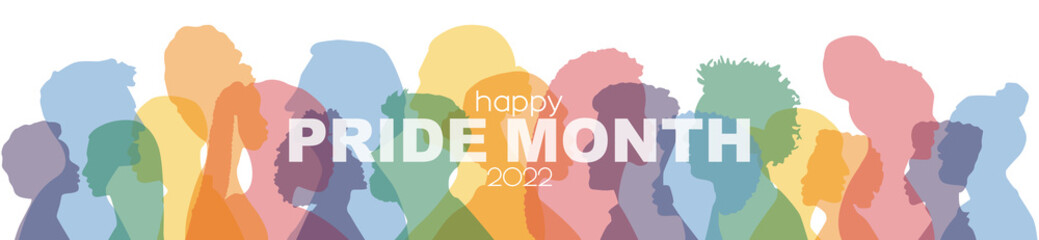 Happy Pride Month 2022 banner. People stand side by side together. Flat vector illustration. - obrazy, fototapety, plakaty