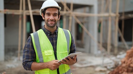 Smart male engineer specialist with safety uniform holding tablet to work making a check and inspect on construction building looking at camera with smile, Engineering working with happiness concept - obrazy, fototapety, plakaty