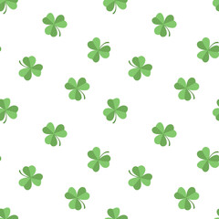 Seamless pattern with green shamrock clover on white background