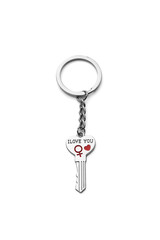 Close-up shot of a silver keychain in the shape of a key with the inscription "I love you" and a female symbol. The keychain is isolated on a white background. Front view.
