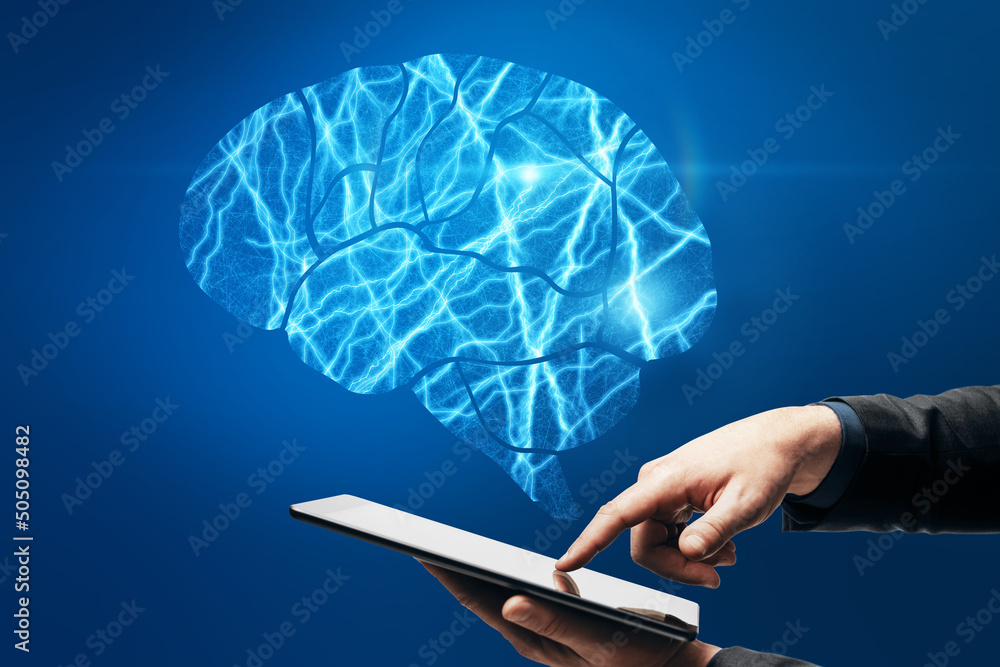 Poster close up of businessman hand pointing at smartphone with abstract shiny blue digital brain hologram 