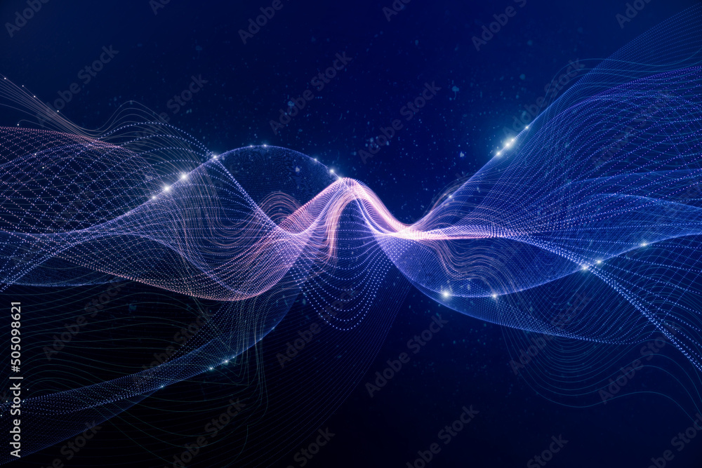 Poster Big data visualization concept with bright glowing lines on abstract technology background. 3D rendering