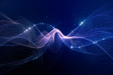 Big data visualization concept with bright glowing lines on abstract technology background. 3D rendering