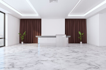 Modern white marble office lobby interior with reception desk, curtains, window with city view and daylight, decorative plant. Waiting area and nobody concept. 3D Rendering.