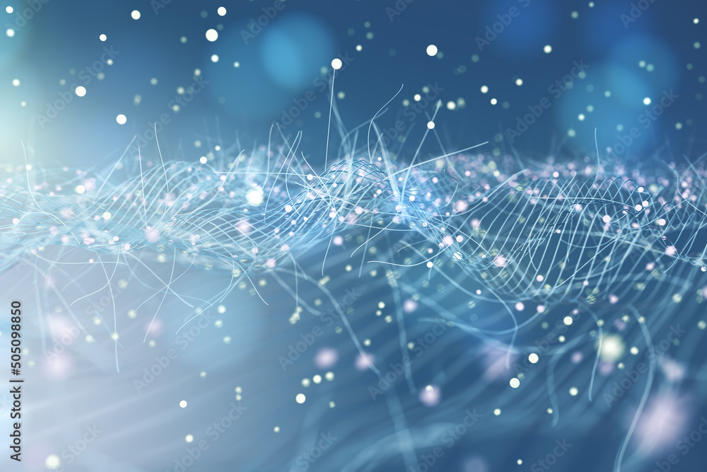 Poster Abstract technology texture blue shadows with data visualization and metallic waving lines and drops. 3D rendering