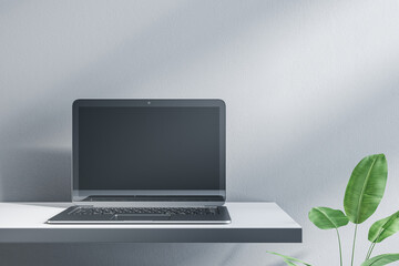 Fototapeta premium Close up of empty laptop on designer office desktop. Decorative plant and concrete wall background. Mock up, advertisement, technology, product review and webinar concept. 3D Rendering.