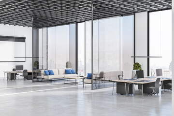 Modern spacious office hall with side view on black and wood work places, stylish waiting area with beige sofa, glass partitions, concrete floor and huge windows with city view. 3D rendering