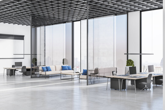 Modern Spacious Office Hall With Side View On Black And Wood Work Places, Stylish Waiting Area With Beige Sofa, Glass Partitions, Concrete Floor And Huge Windows With City View. 3D Rendering