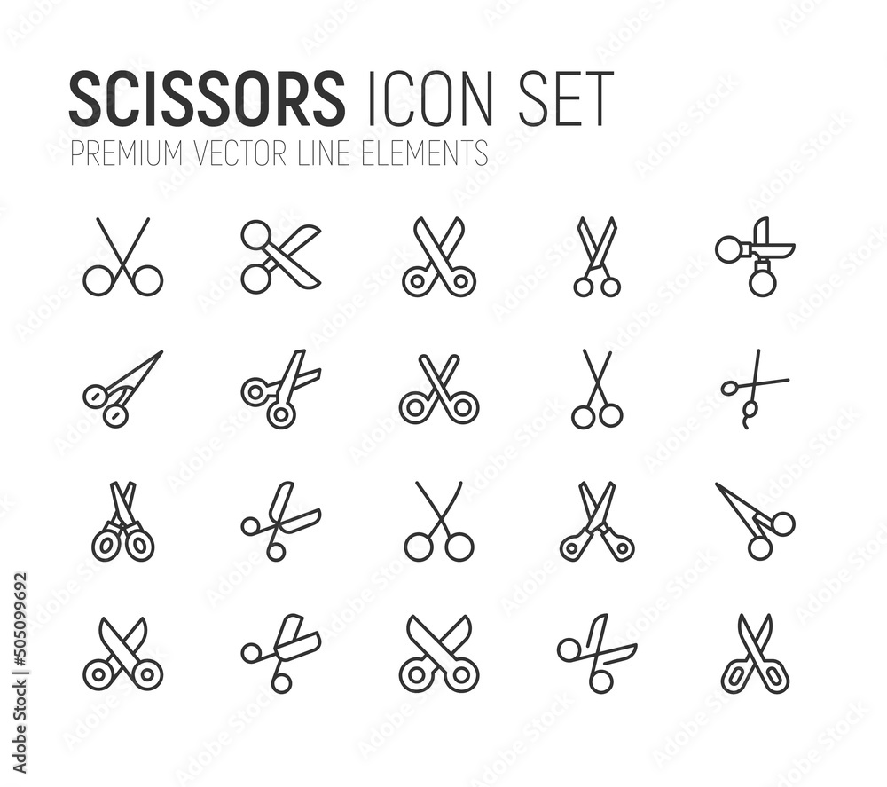 Poster simple line set of scissors icons.
