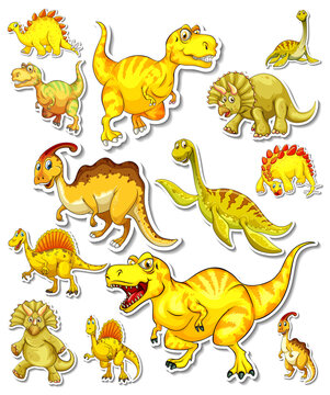 Sticker set of different dinosaurs cartoon