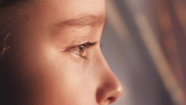 Close-up of the child's eyes. The child's face. The boy looks out the window, his face is illuminated by the rays of the sun.