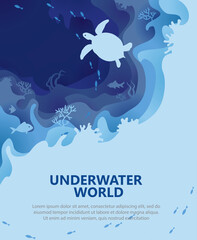 Underwater world paper, beautiful vector background with turtle, fish and corals	
