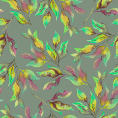 Fototapeta na wymiar Seamless pattern with multicolored autumn leaves on branches on a gray background, painted in watercolor
