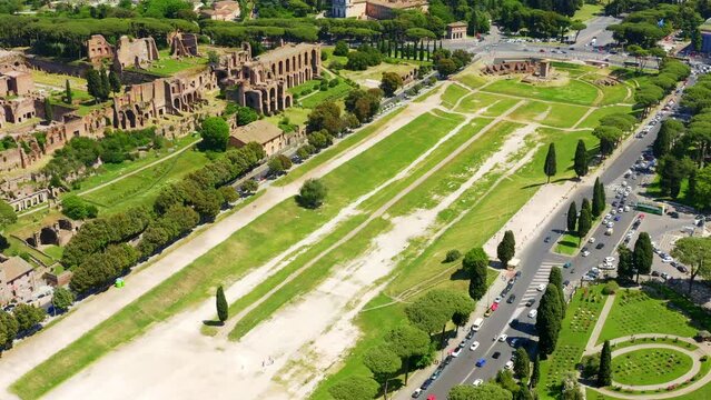 Aerial view of Circus Maximus, an ancient Roman chariot-racing stadium and mass entertainment venue in Rome, Italy. Now it's a public park but it was the first and largest stadium in ancient Rome. 