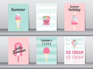Collection of ice cream design for summer invitation card,Happy national ice cream day,poster, greeting, template,cone,scoop,Vector illustrations.