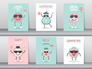 Set of funny fruits cartoon on summer,gift tag,card,postcard,poster,template,greeting,fruits,Vector illustration. 