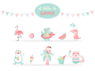 Set of summer beach Animals hand drawn style,cards,poster,template,greeting,cute,animal,Vector illustrations