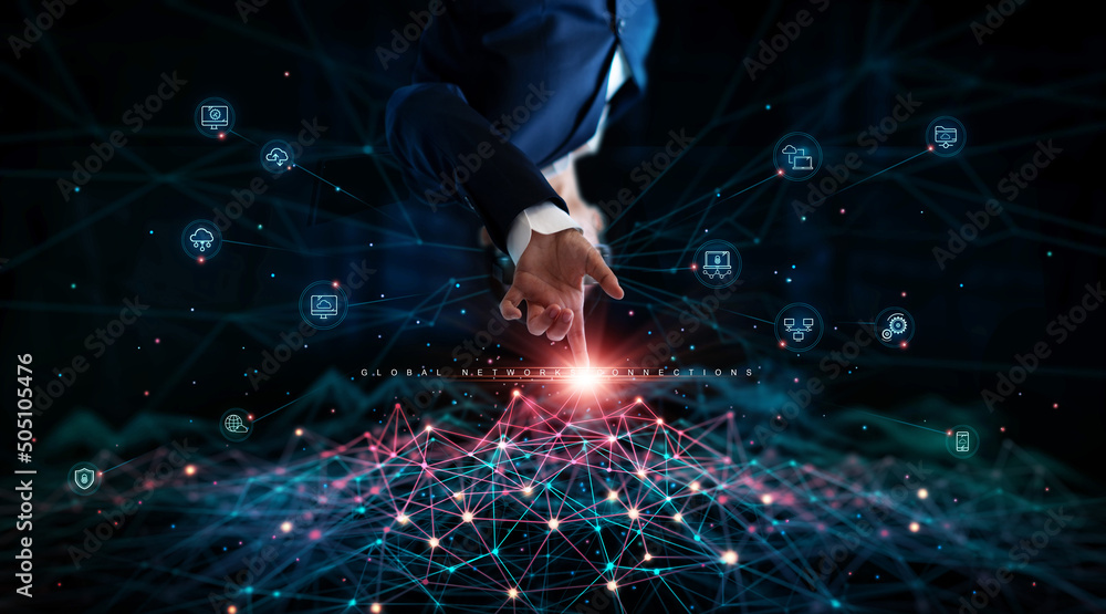 Poster Upside down image. Global communication structure networking and data connection. Cloud computing. Social network. Global Business. Customer network on Internet technology. Telecom and media.