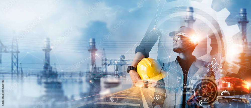 Aufkleber Professional industrial engineer with blueprints checking and analysis data of power plant station project on network connection  technology background, Engineering, inspector and architect.