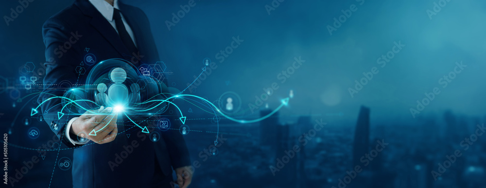 Aufkleber crm. customer network relationship management concept, businessman hold of global structure customer