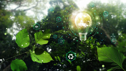 Environmental technology and Sustainable development, save the planet and energy, Recycle and reuse, Light bulb of eco friendly in the green nature. - obrazy, fototapety, plakaty