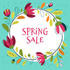 Spring sale frame. Template with spring flowers. Vector illustration in flat style.