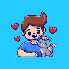 Cute Boy With Cat Cartoon Vector Icon Illustration. People Animal Icon Concept Isolated Premium Vector. Flat Cartoon Style