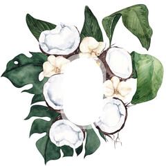 Fototapeta premium Watercolor tropical frame with exotic fruit and flowers, palm leaves, monstera, orchid, isolated on white background